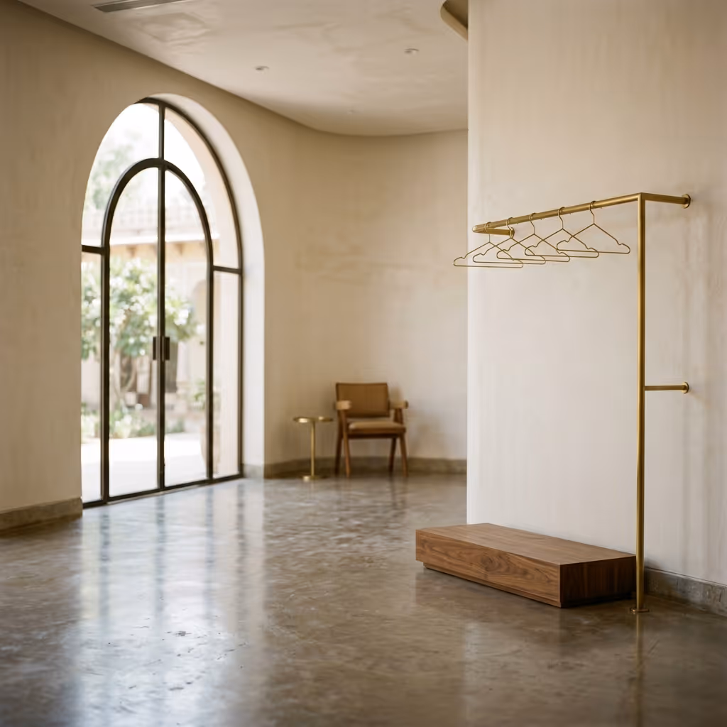Premium retail spaces for lease and investment in India — empty high-end boutique with brass clothing rail and walnut plinth.