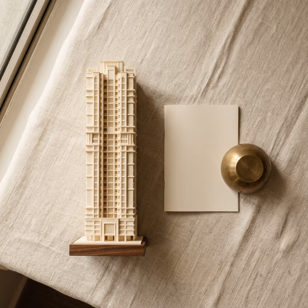 Cross-border real estate investment service for NRIs in India — architectural model with booklet and brass paperweight.