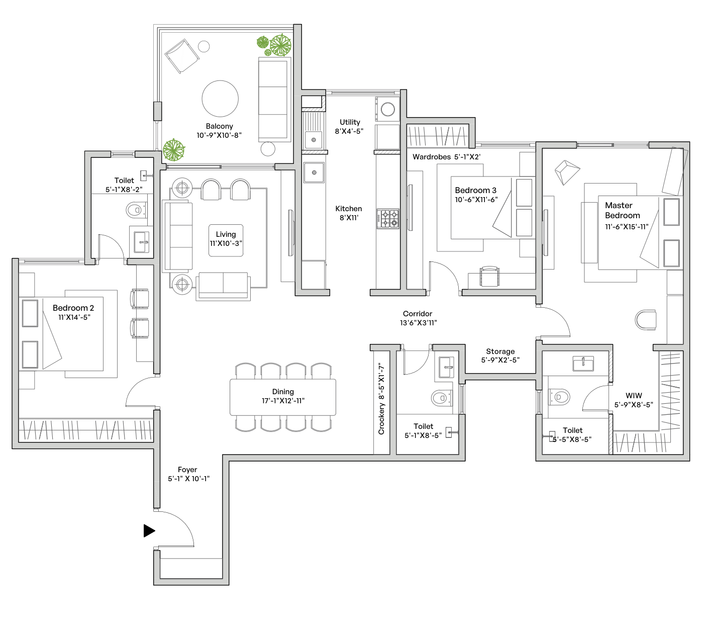 3 BHK Type 1 floor plan