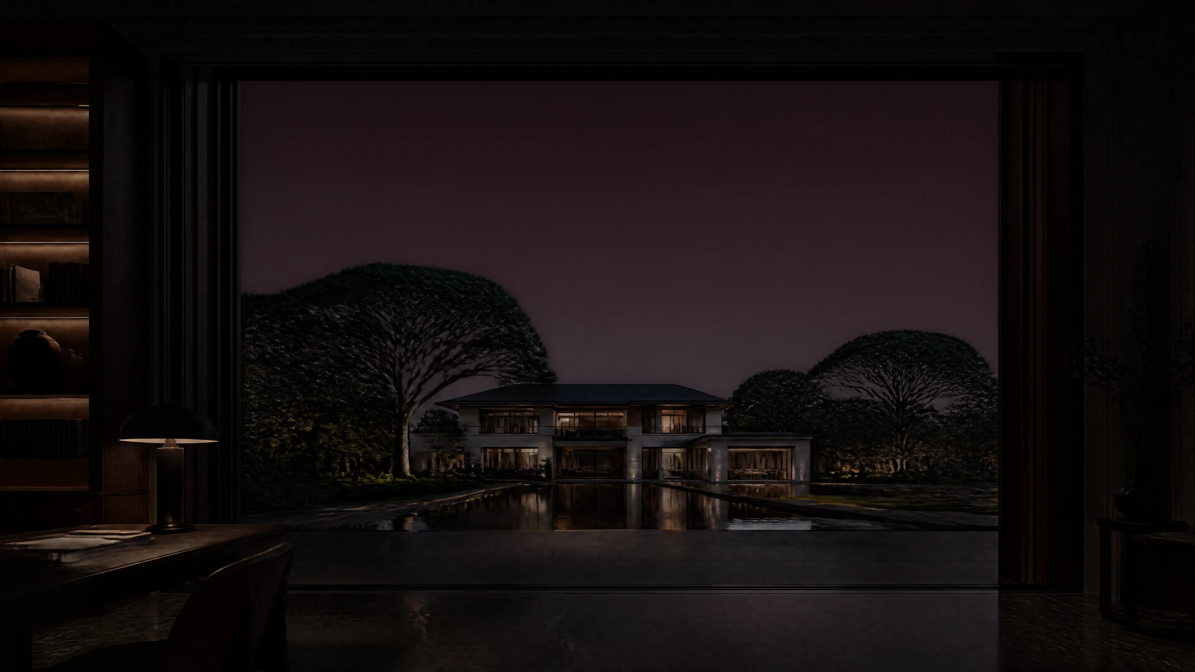A contemporary villa across a reflecting pool at dusk, seen from a dark study