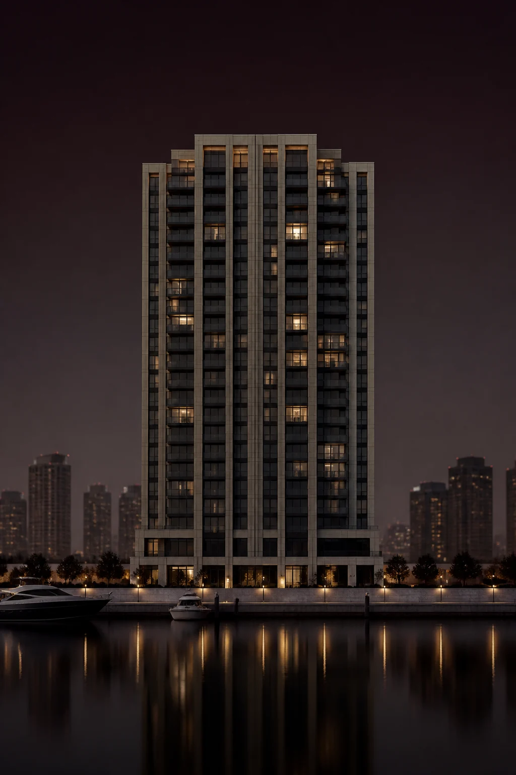 A waterfront residential tower across a marina at dusk
