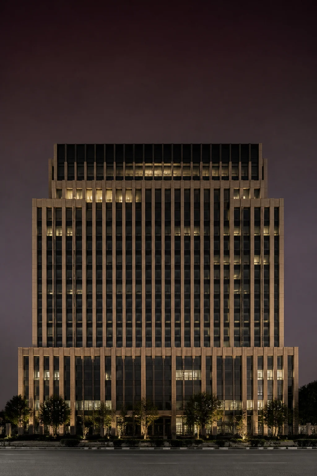A Grade-A office building at dusk