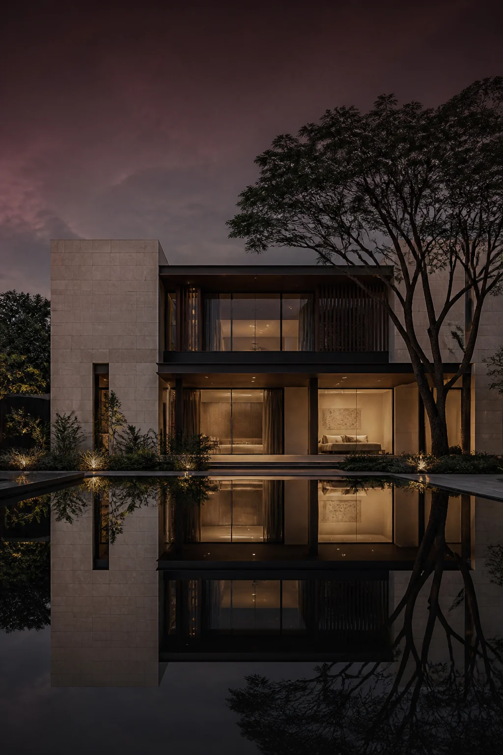 A stone and timber villa across a reflecting pool at dusk