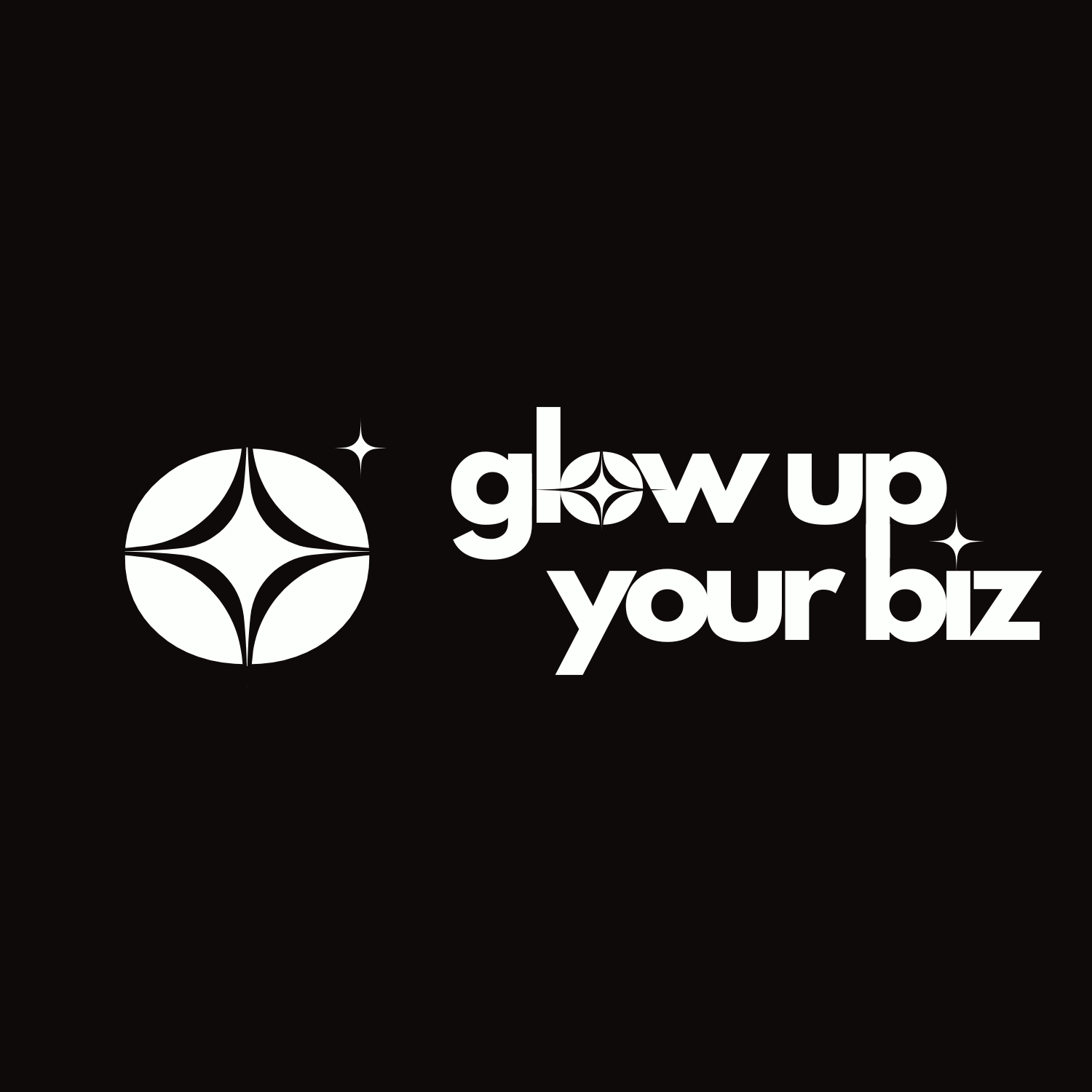 White stylized star icon and text saying 'glow up your biz' on black background.