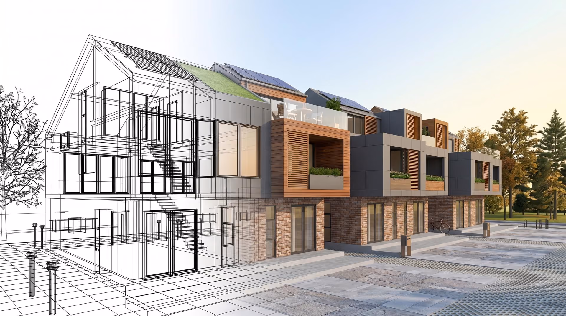 Modern residential building design blending rendered and wireframe views with solar panels and greenery.