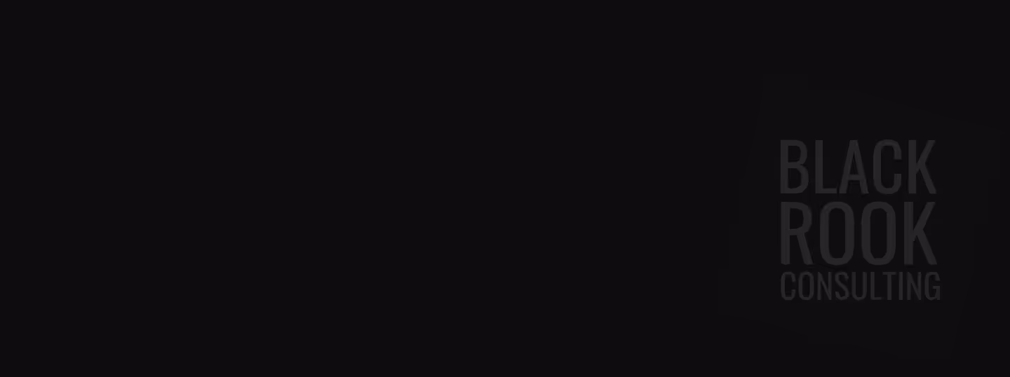 Black Rook Consulting logo with text inside a tilted black square on a dark background.