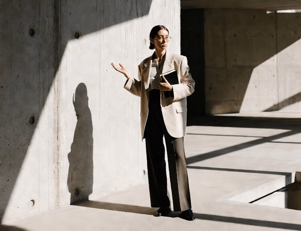 Professional woman wearing glasses and beige blazer stands in shadowed concrete space holding a notebook.