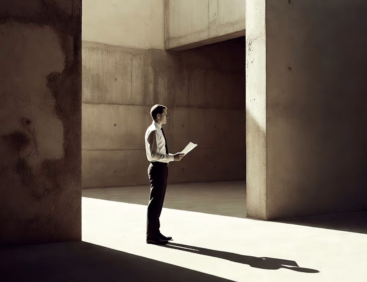 Man in business attire reading documents in a sunlit concrete structure casting a long shadow.