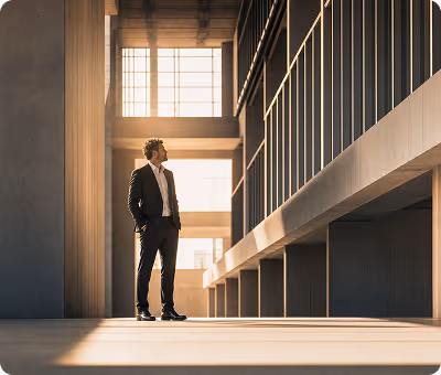 Man in suit standing in a modern building corridor looking up toward windows with sunlight.