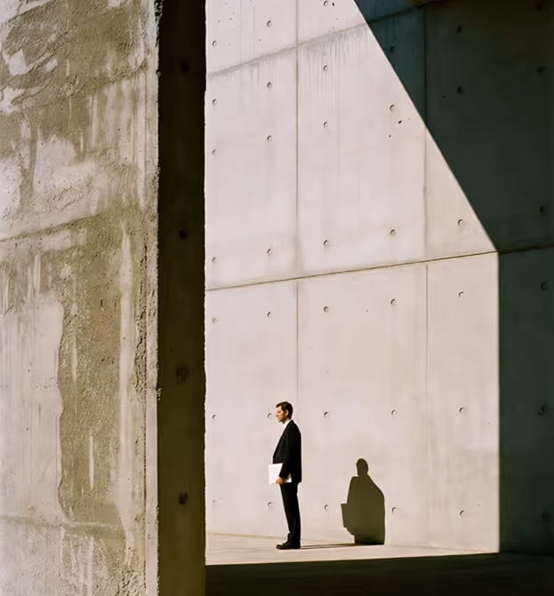 Man in suit stands holding folder by large concrete wall casting angular shadow.