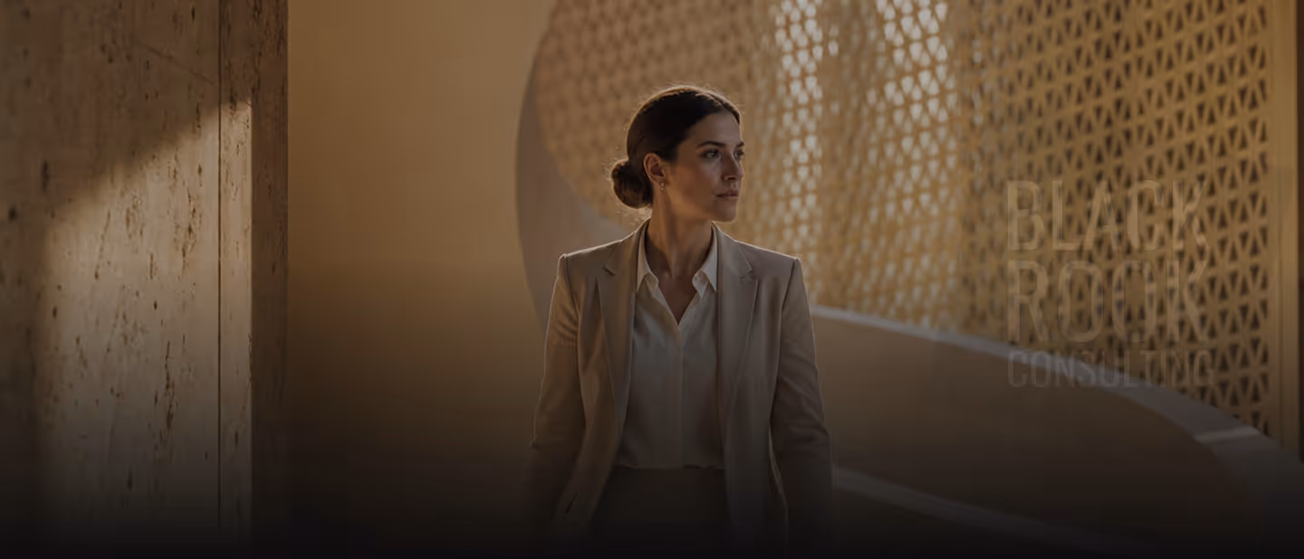 Woman in beige suit standing in a modern architectural space with patterned walls.
