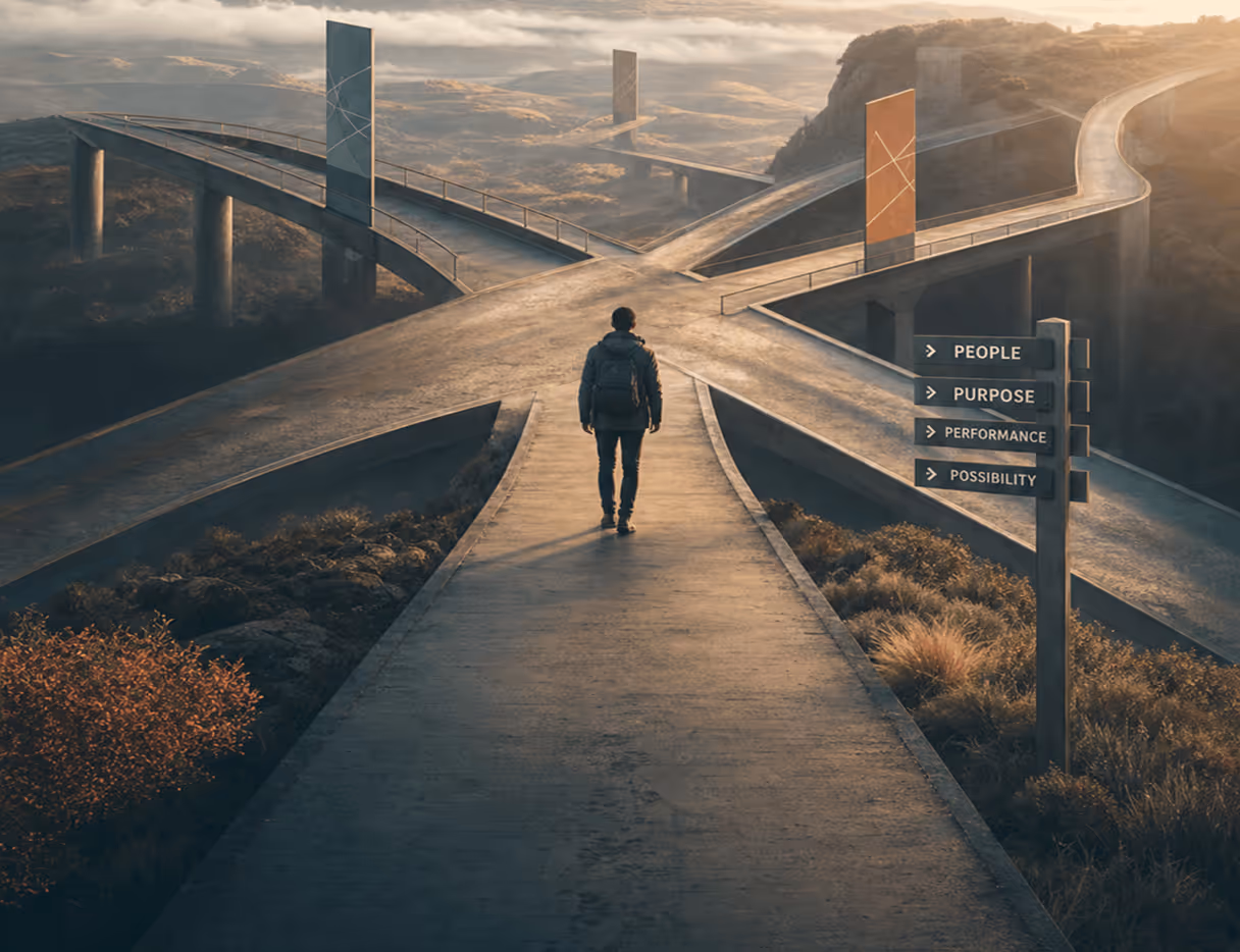 Person standing at a forked road with signposts showing people, purpose, performance, and possibility.