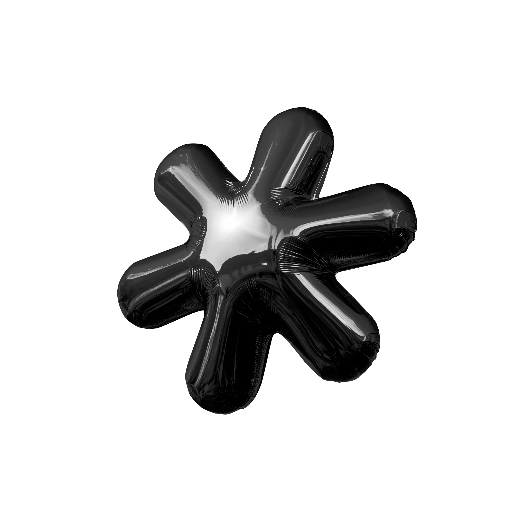 Shiny black balloon shaped like an asterisk symbol on a white background.
