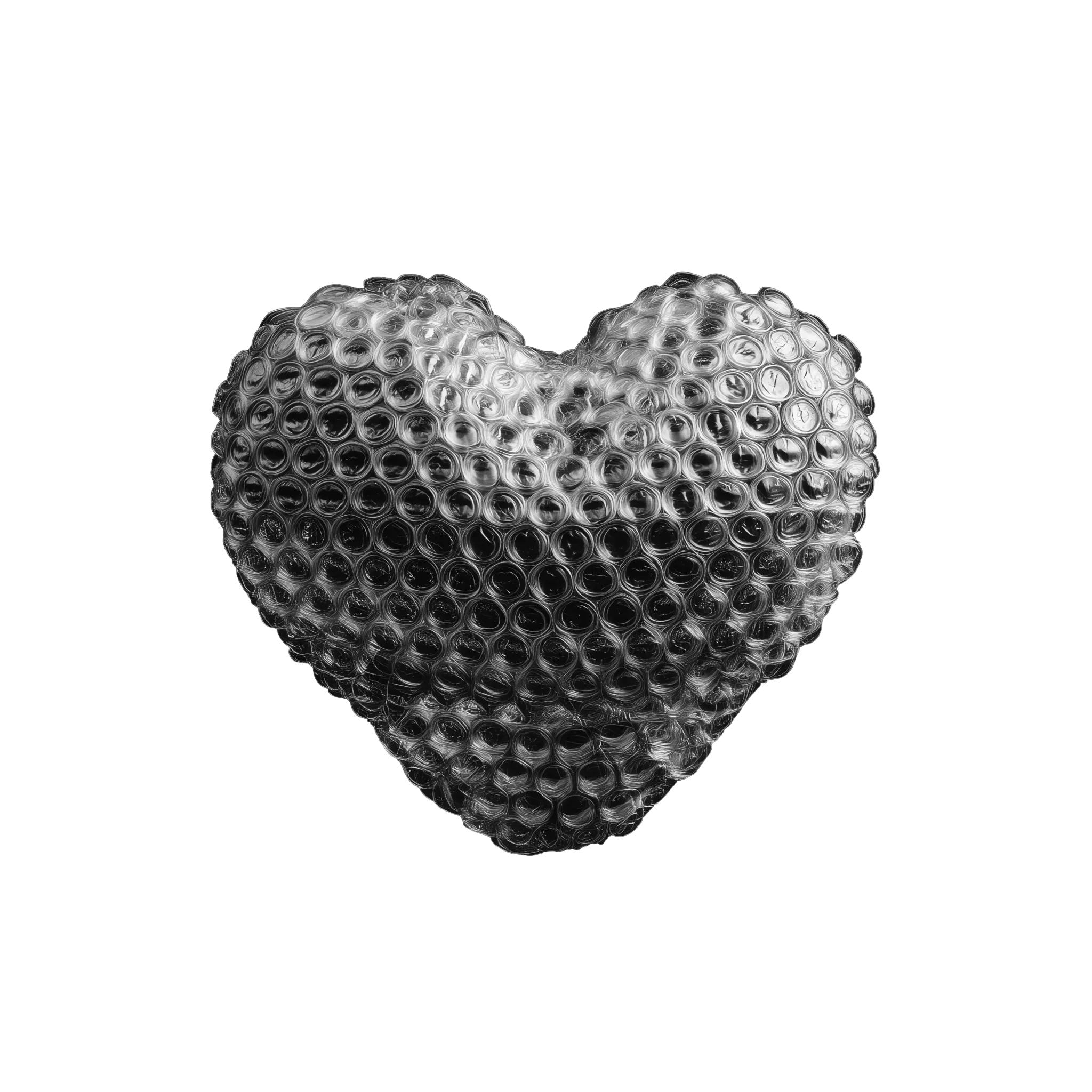 Heart-shaped object made of transparent bubble wrap in black and white.