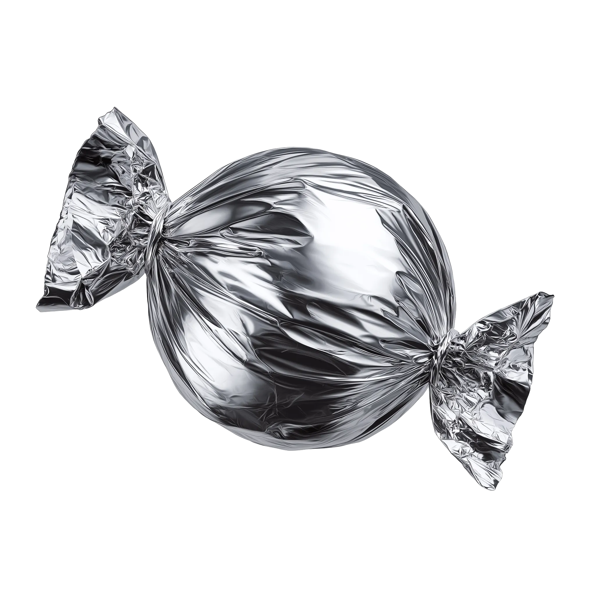 Candy wrapped in shiny silver foil with twisted ends on a white background.