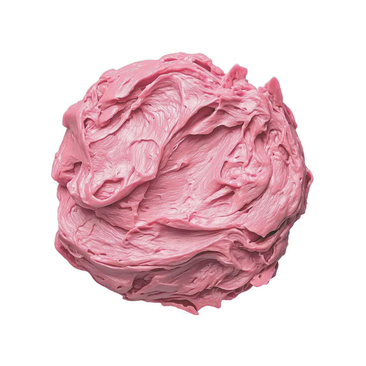 Close-up of a swirl of smooth pink frosting or cream against a transparent background.