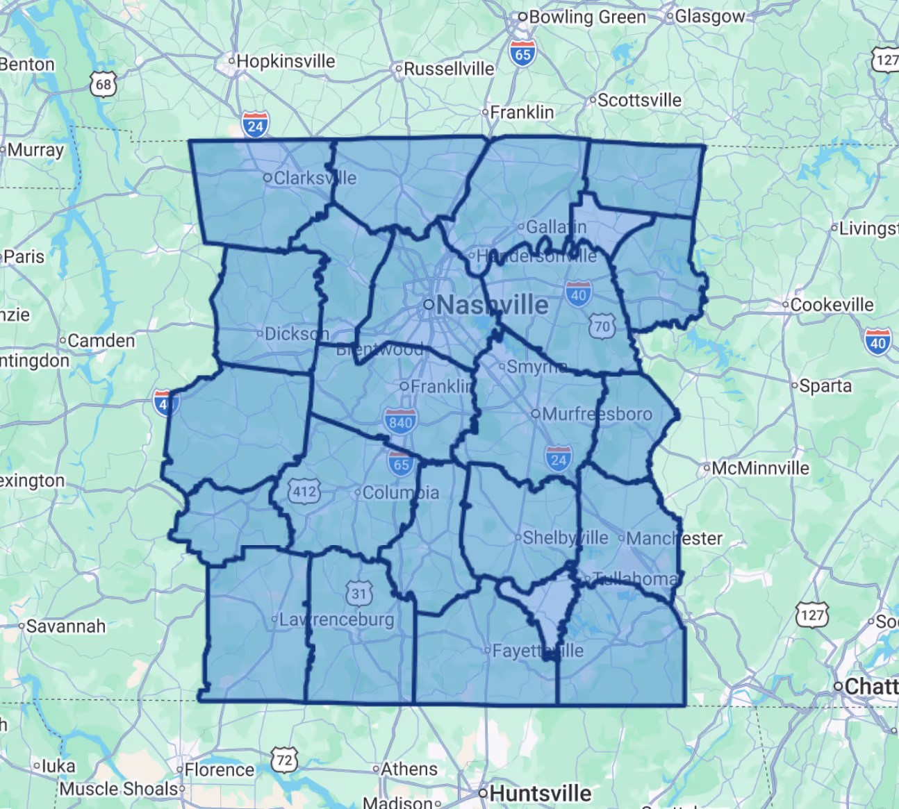 Map of counties served by Dog Guard of Tennessee