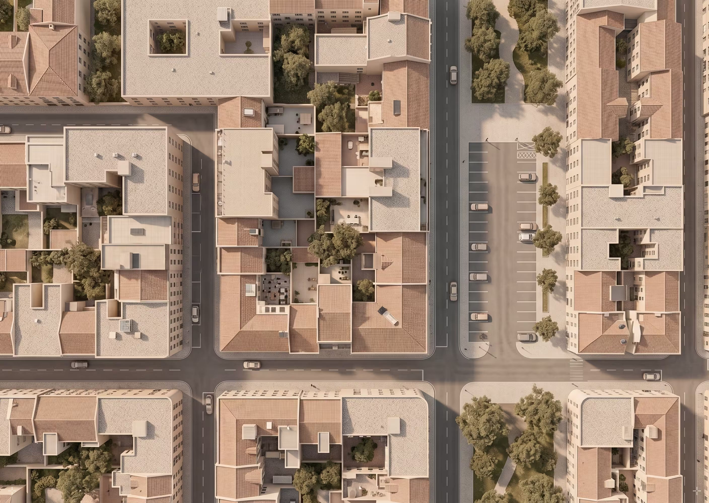 Aerial view of a city block with buildings, roads, parked cars, and scattered trees.
