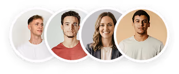 Four young adults with varying hair colors in circular frames on white and beige backgrounds.