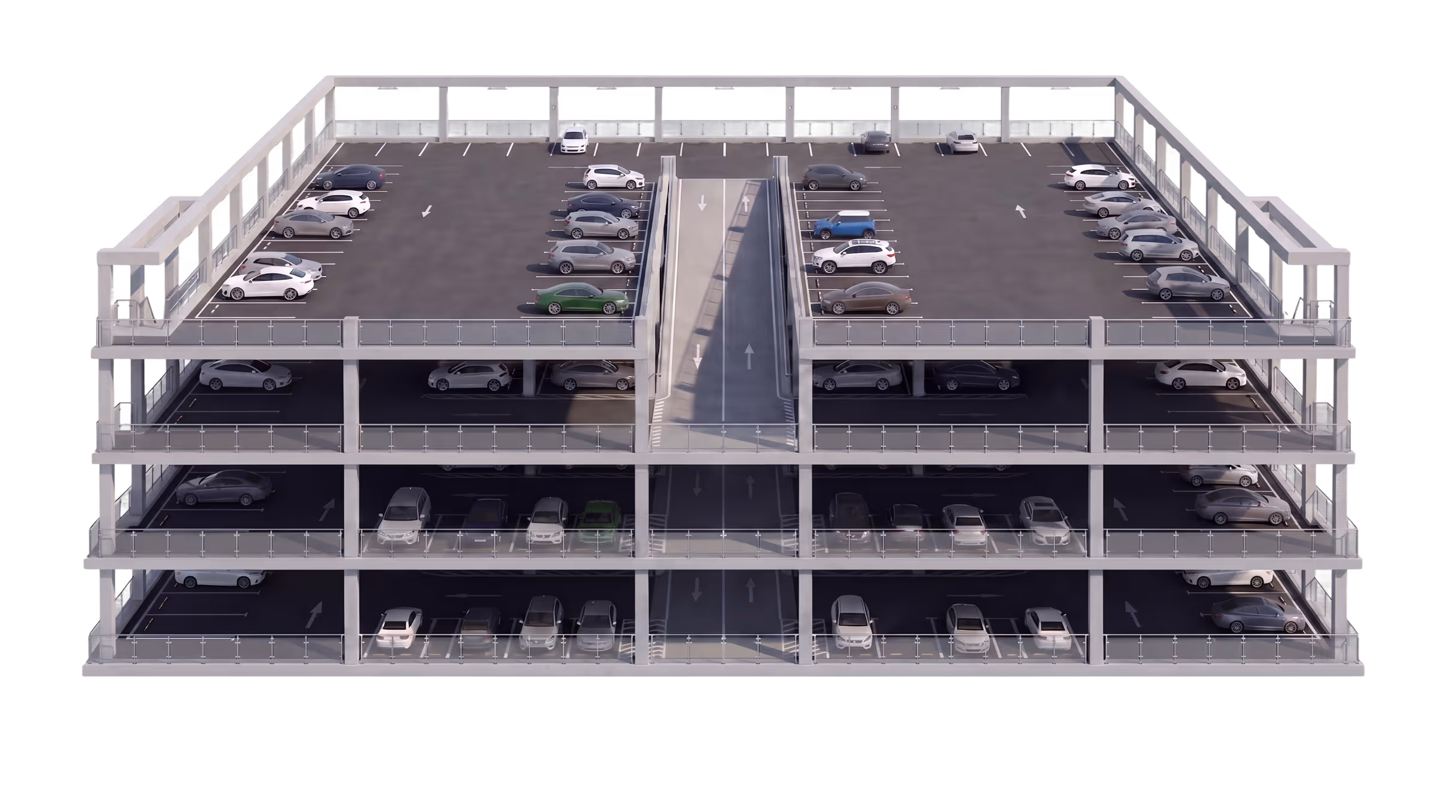 Multi-level parking garage with cars parked on all levels and central ramp for vehicle access.