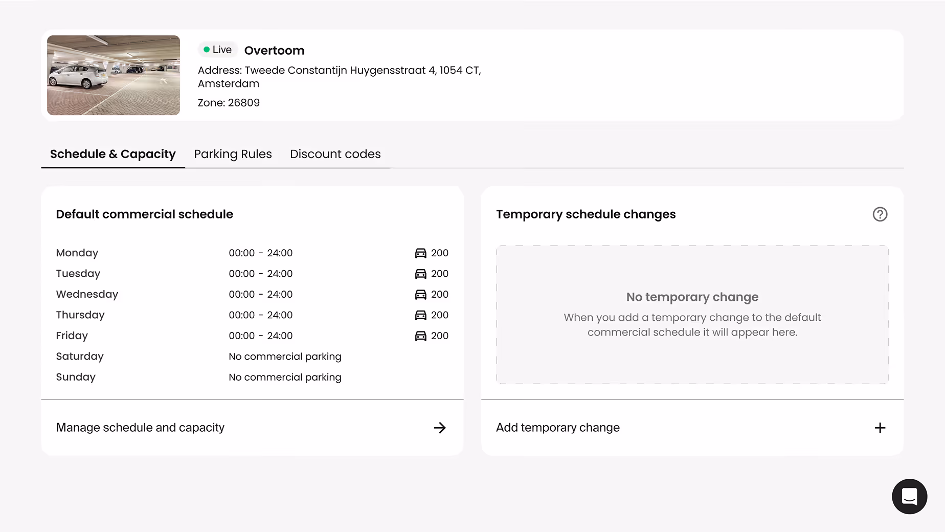Parking management interface for Overtoom, Amsterdam, showing full weekly schedule and no temporary changes.