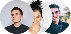 Three diverse young adults smiling in circular profile photos overlapping on white background.
