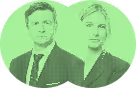 Four business professionals standing side by side against a green background.