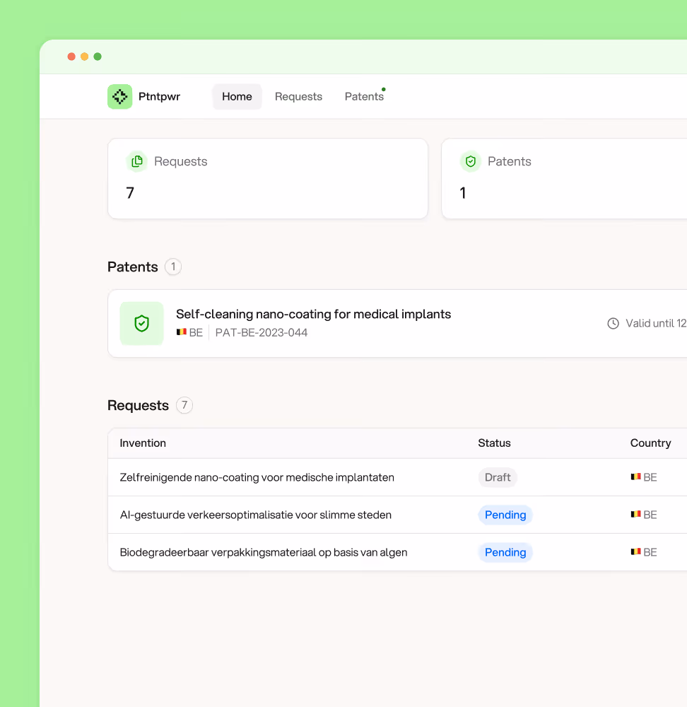 Interface showing patents and requests with one patent and three requests, including self-cleaning nano-coating.