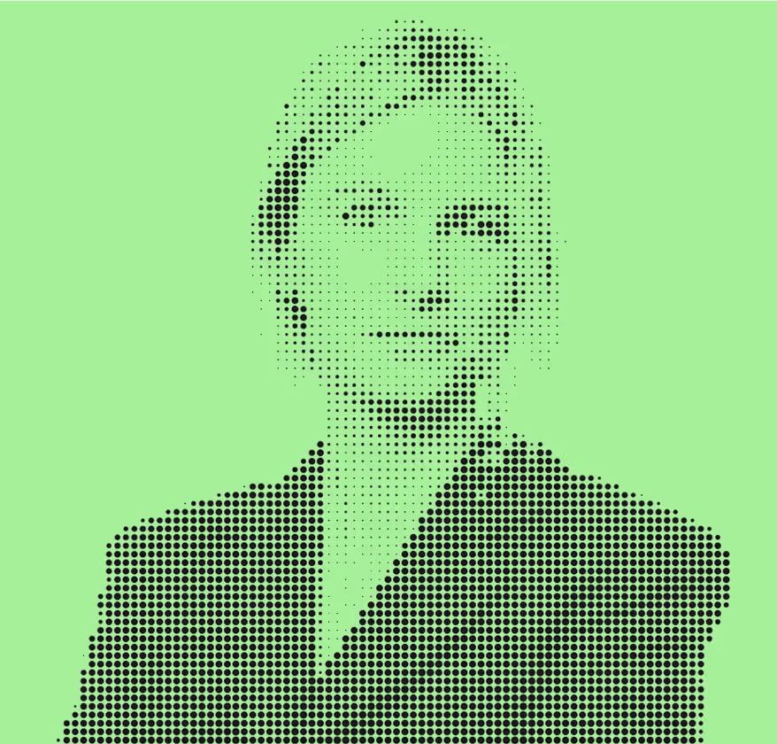 Portrait of a woman created with a halftone dot pattern on a light green background.