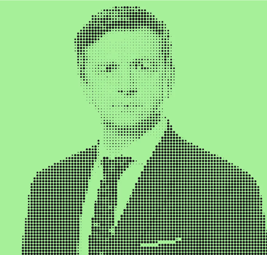 Portrait of man in suit and tie, created with black halftone dots on a light green background.