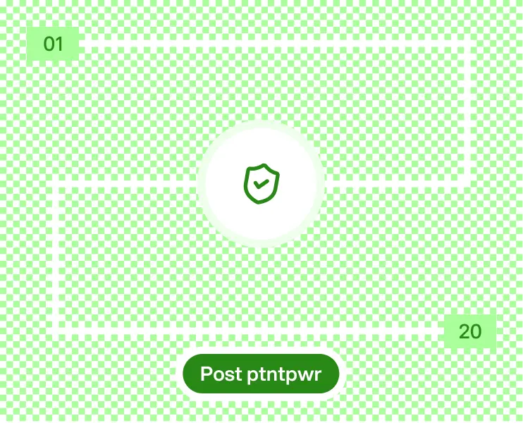 Green shield icon with check mark, flanked by numbers 01 and 20, above a green button.