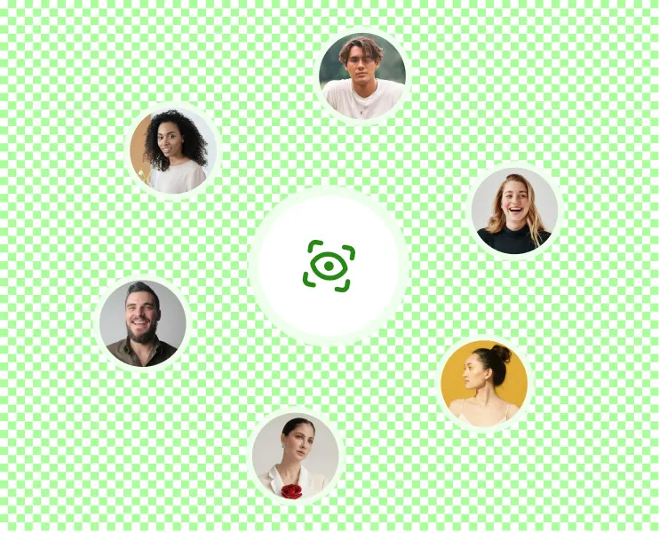 Circular portraits of six diverse people surrounding a central eye icon on a green checkered background.