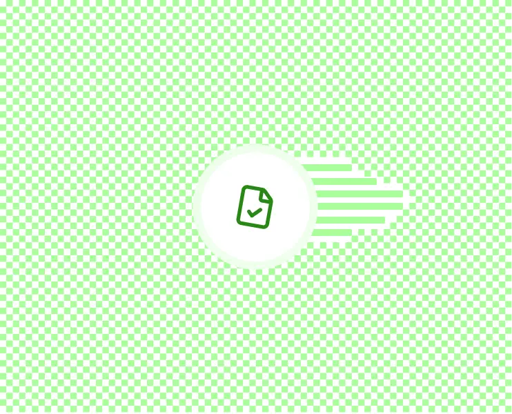 Green checkmark on a document icon inside a circle with horizontal lines extending to the right.
