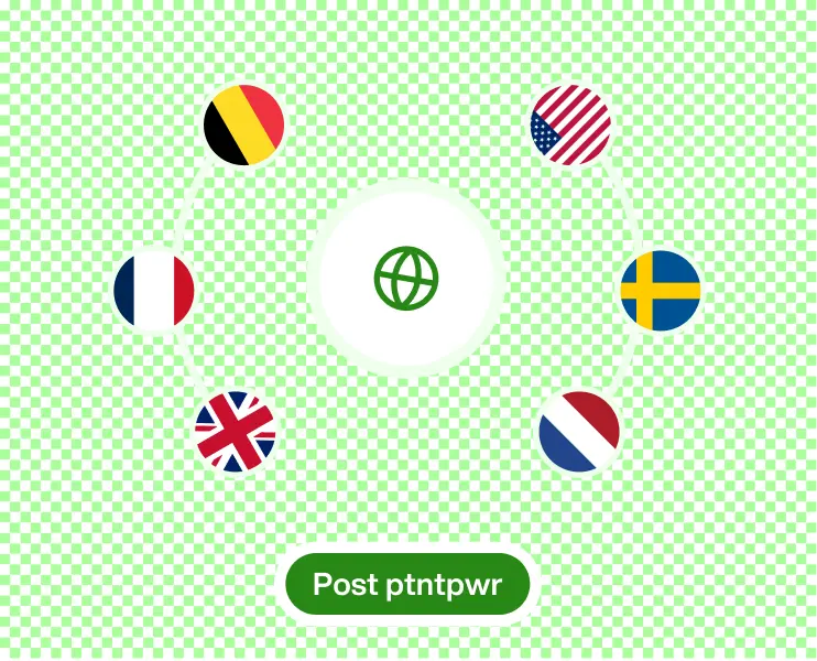 Icons of six country flags connected around a globe symbol with a green button labeled Post ptntpwr.