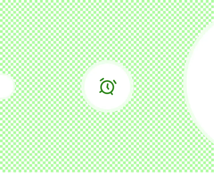 Green alarm clock icon centered on a white circle with a light green checkered background.