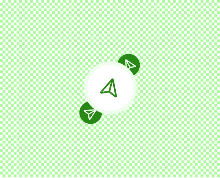 Three green paper plane icons, one in a white circle, on a green and white checkered background.