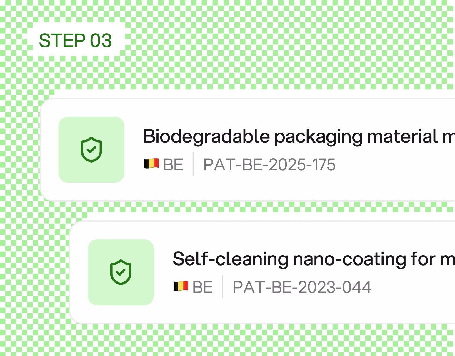 Step 03 showing patents for biodegradable packaging and self-cleaning nano-coating materials from Belgium.