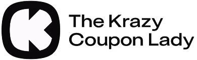 White stylized K on black background next to the faint text The Krazy Coupon Lady.