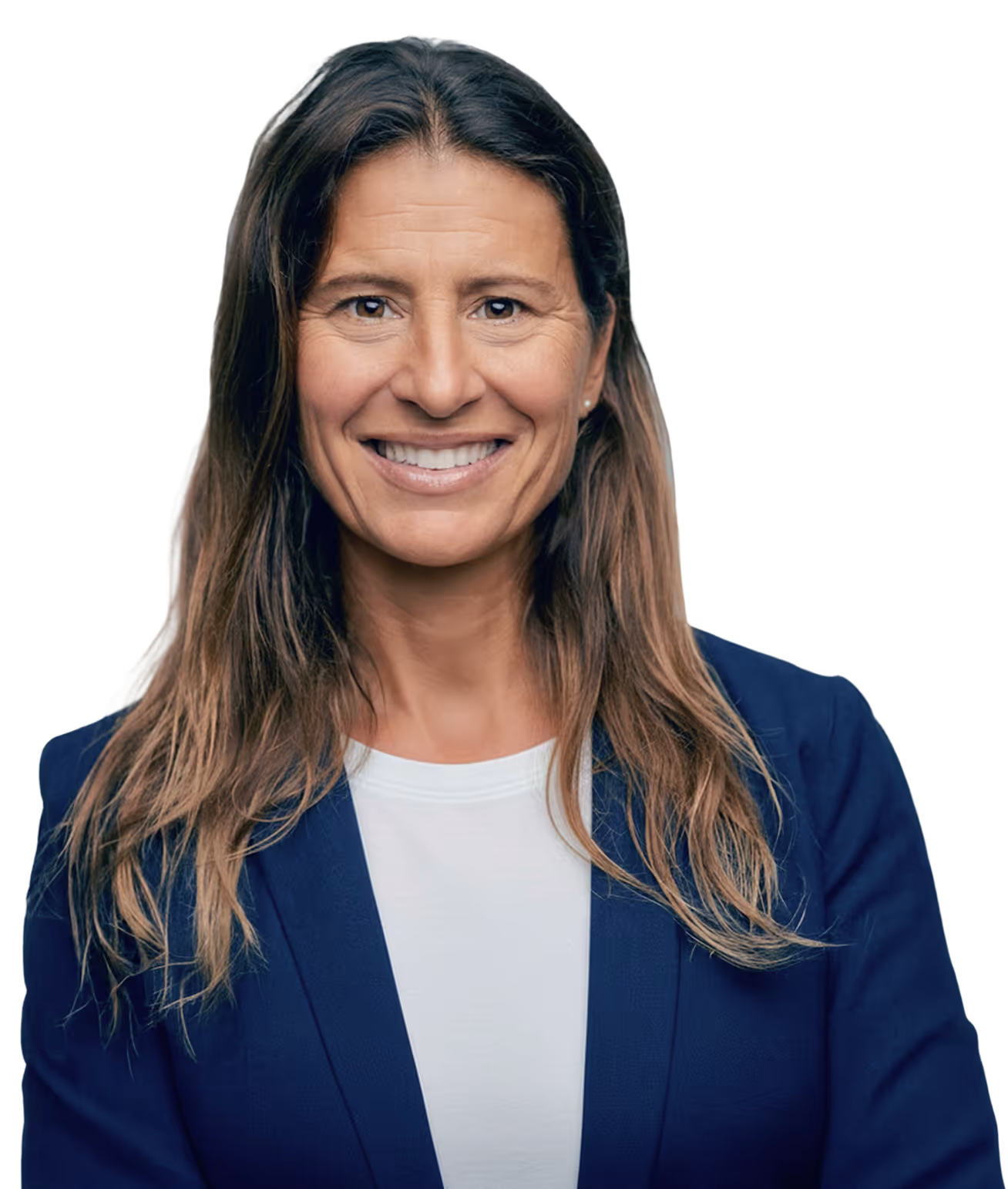 Smiling woman with long brown hair wearing a navy blazer and white shirt against a black background.