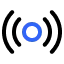 Blue microphone icon surrounded by gray broadcast signal waves emitting outward.