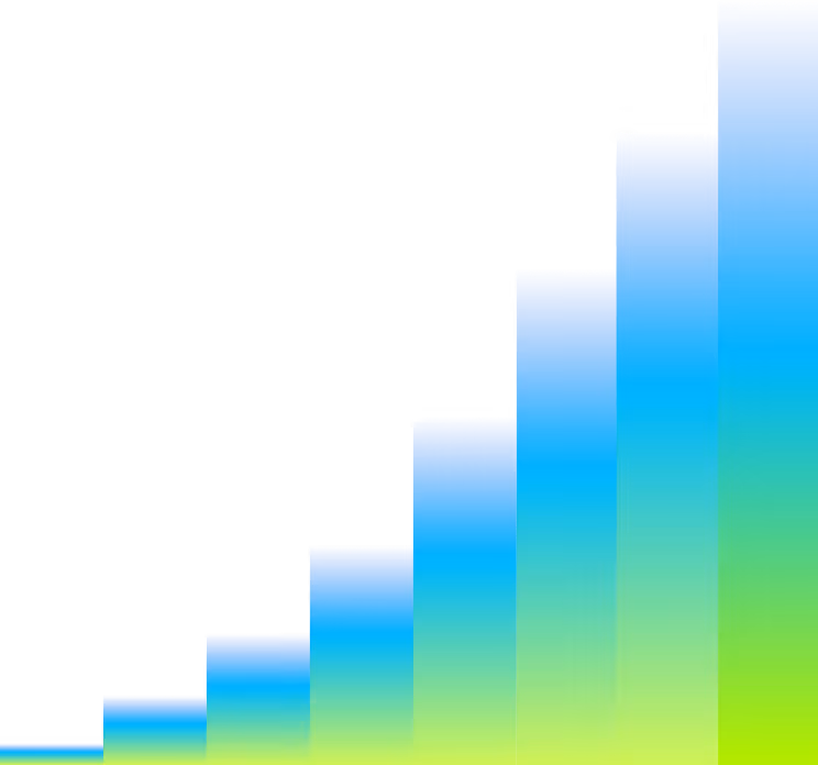 Seven vertical bars in gradient blue to green arranged in ascending order from left to right.