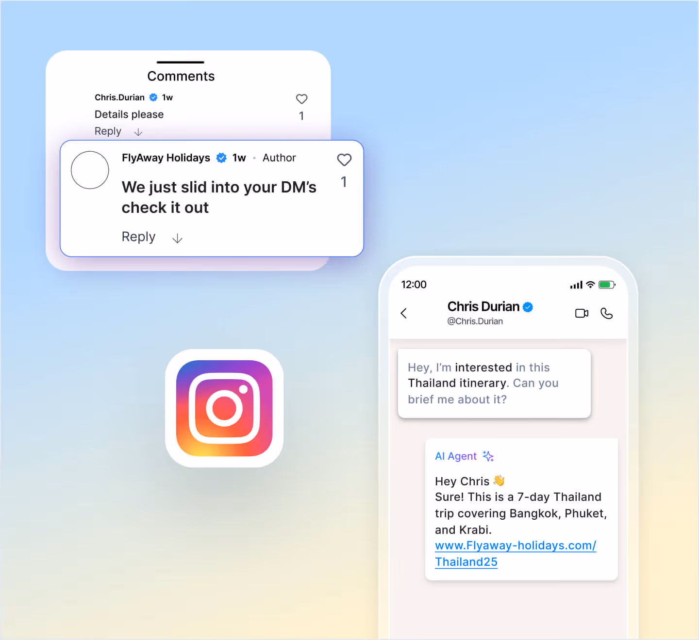 Instagram comments and a message about a 7-day Thailand trip covering Bangkok, Phuket, and Krabi.