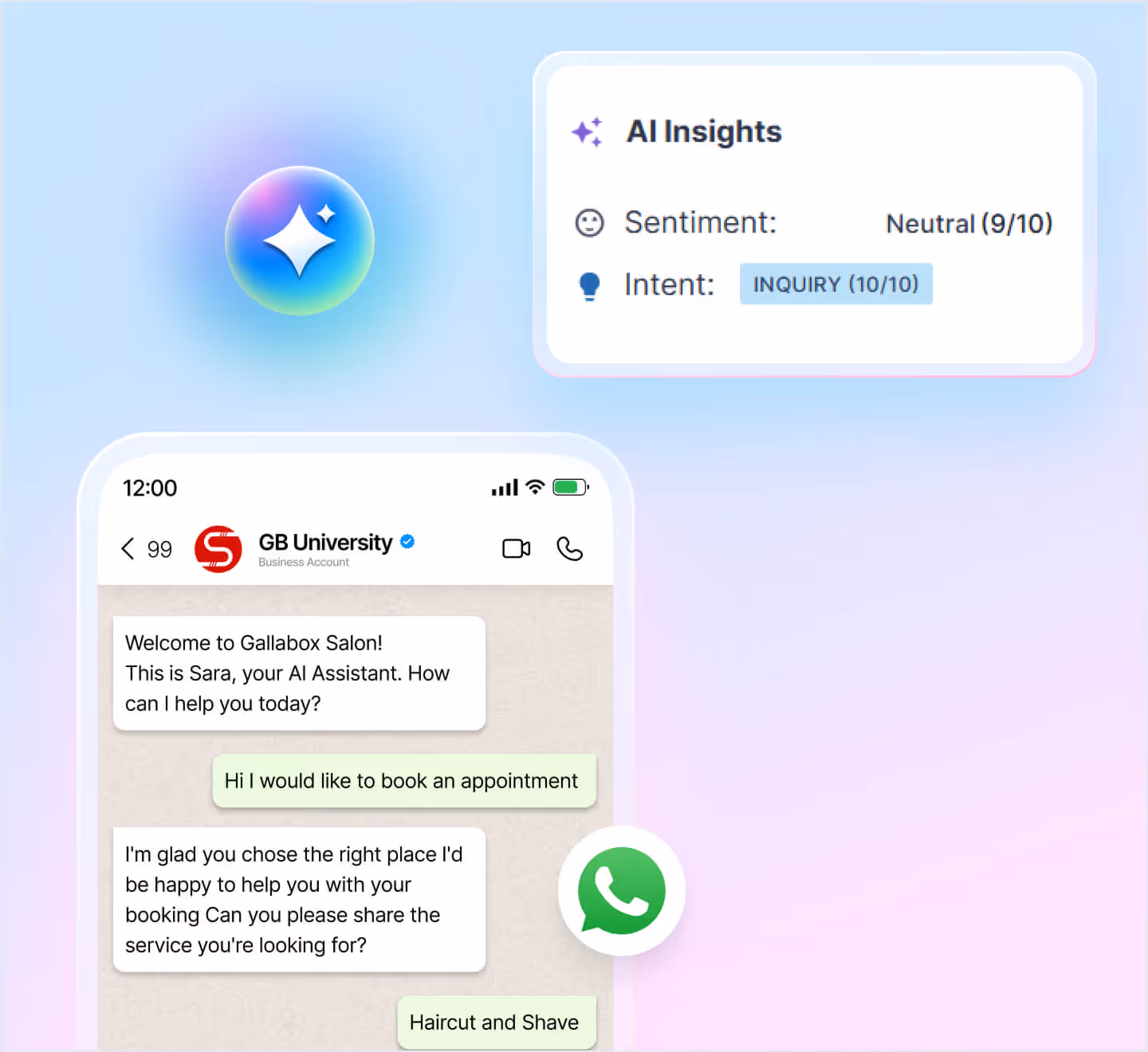 Chat with AI assistant Sara booking haircut and shave appointment at GB University salon on WhatsApp.