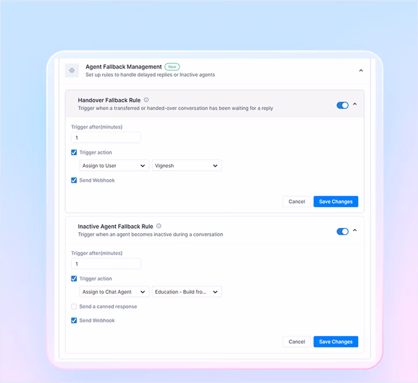 User interface for agent fallback rules with options to assign users and send webhooks after triggers.