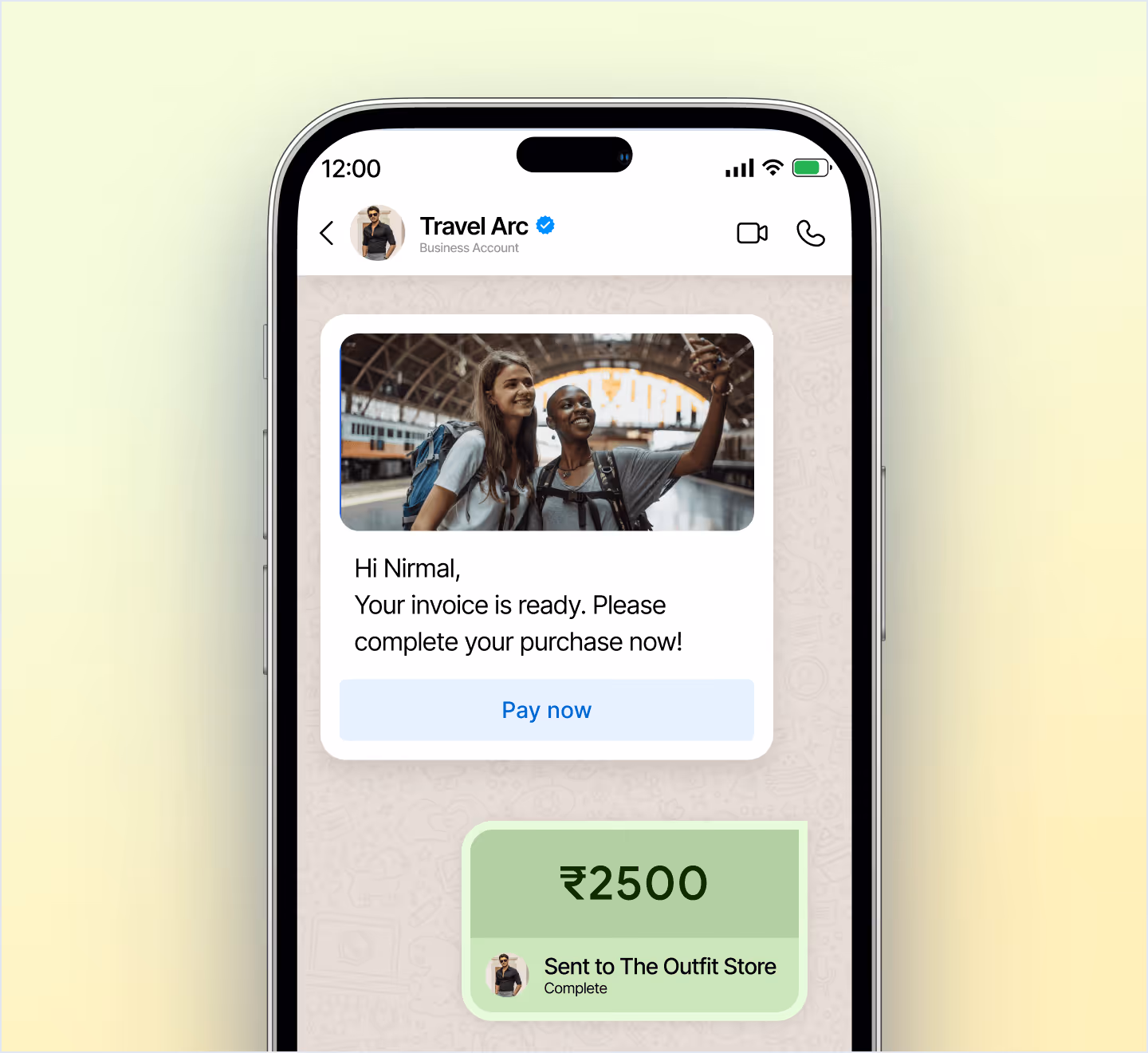 Mobile screen showing a message from Travel Arc: invoice ready, pay ₹2500 sent to The Outfit Store.