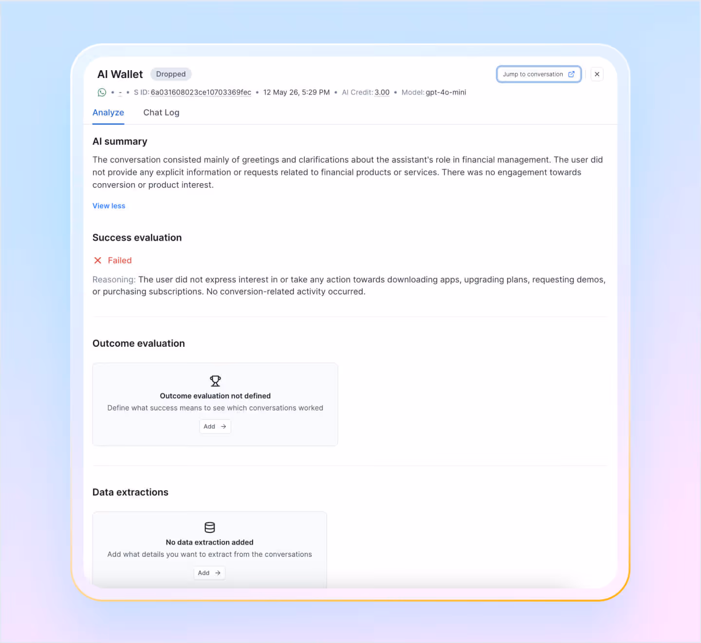 AI Wallet interface showing a failed success evaluation due to no user engagement with financial products.