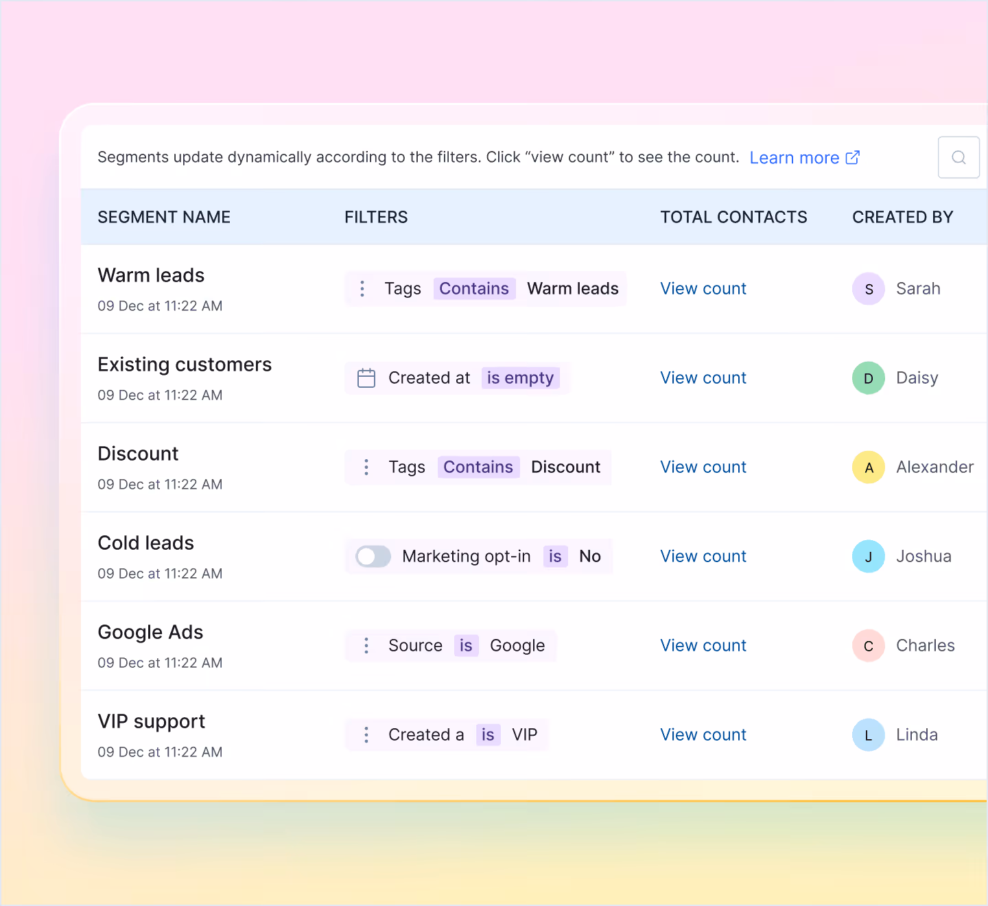 Table showing contact segments with filters, creation dates, view count links, and creator names.