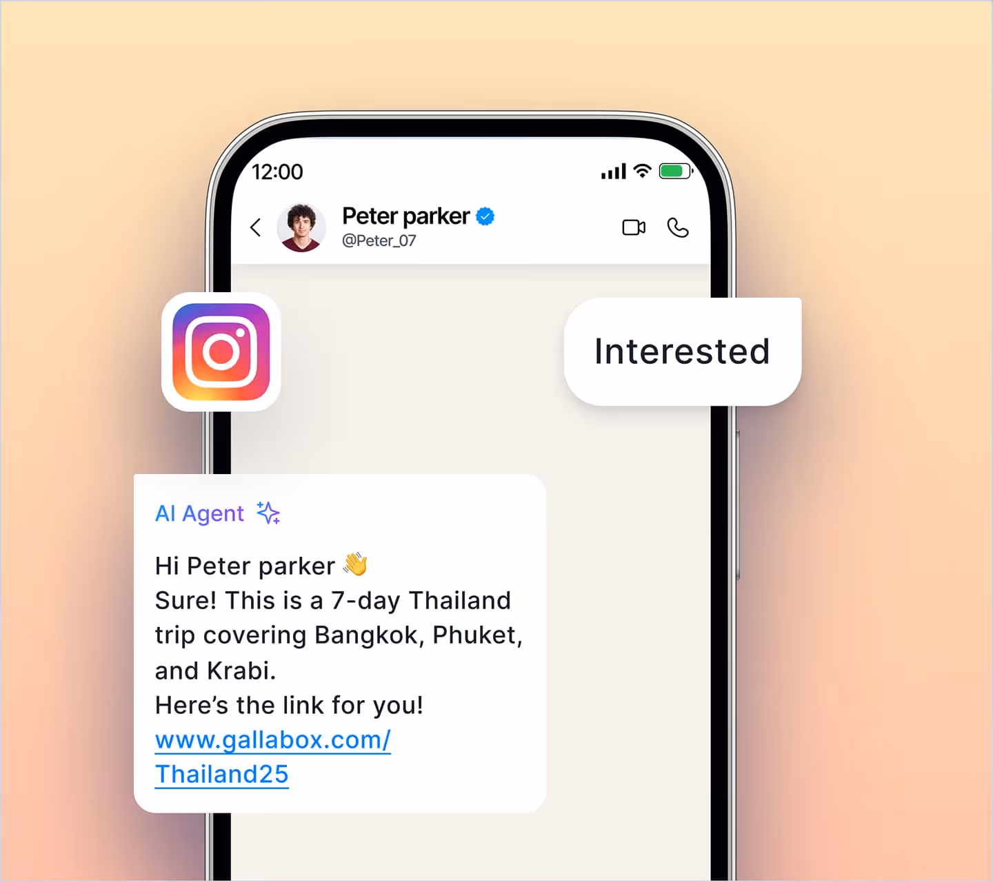 Instagram chat from AI Agent to Peter Parker about a 7-day Thailand trip with a link.