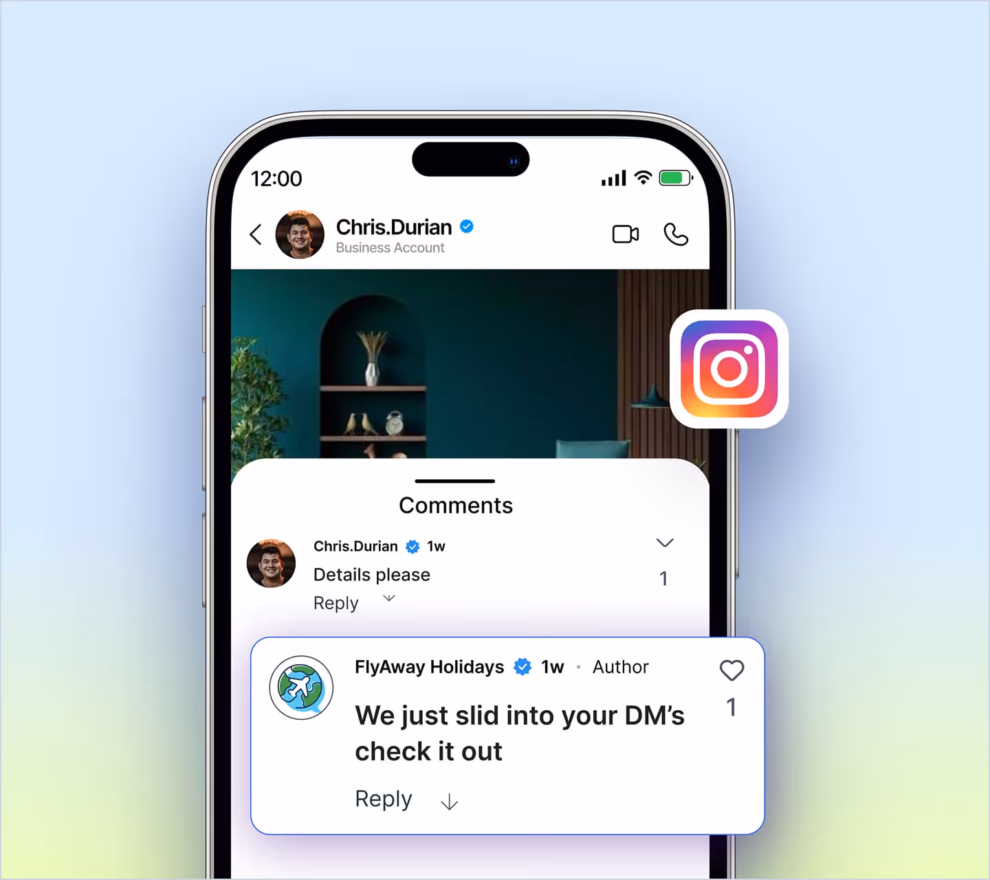 Instagram post by Chris.Durian with a comment exchange about details and a reply from FlyAway Holidays.