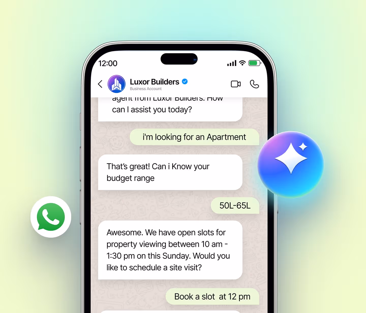 WhatsApp chat with Luxor Builders about booking an apartment viewing slot at 12 pm on Sunday.